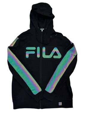 FILA Black Hoodie with Iridescent Logo and Sleeve Panels